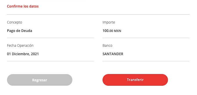 Confirmación de transferencia en banca en línea