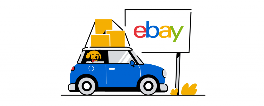 Logo de Ebay con un coche cargando cajas arriba