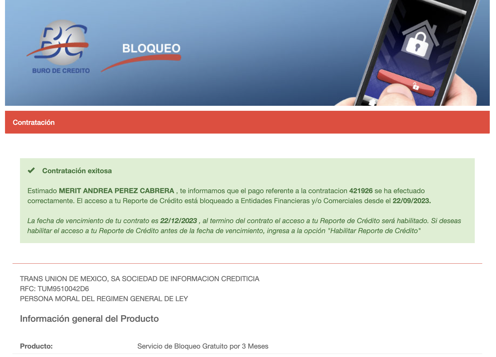 Página para bloquear buró de crédito