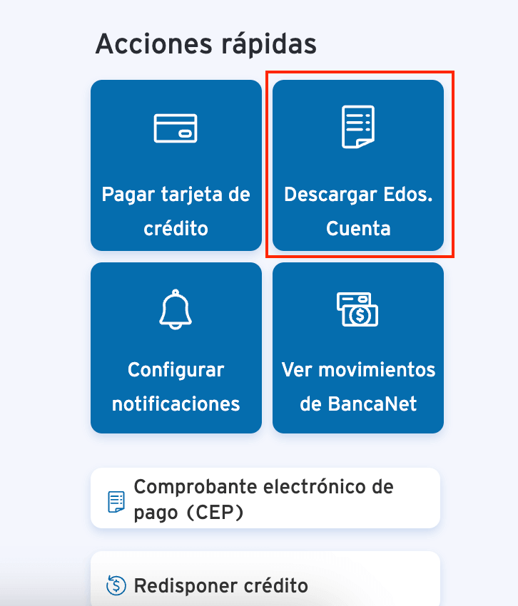 Interfaz de acciones rápidas en BancaNet de Citibanamex