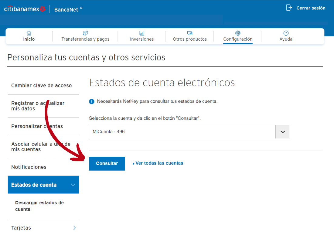 Elegir tarjeta o cuenta bancaria para descargar estado de cuenta en BancaNet de Citibanamex