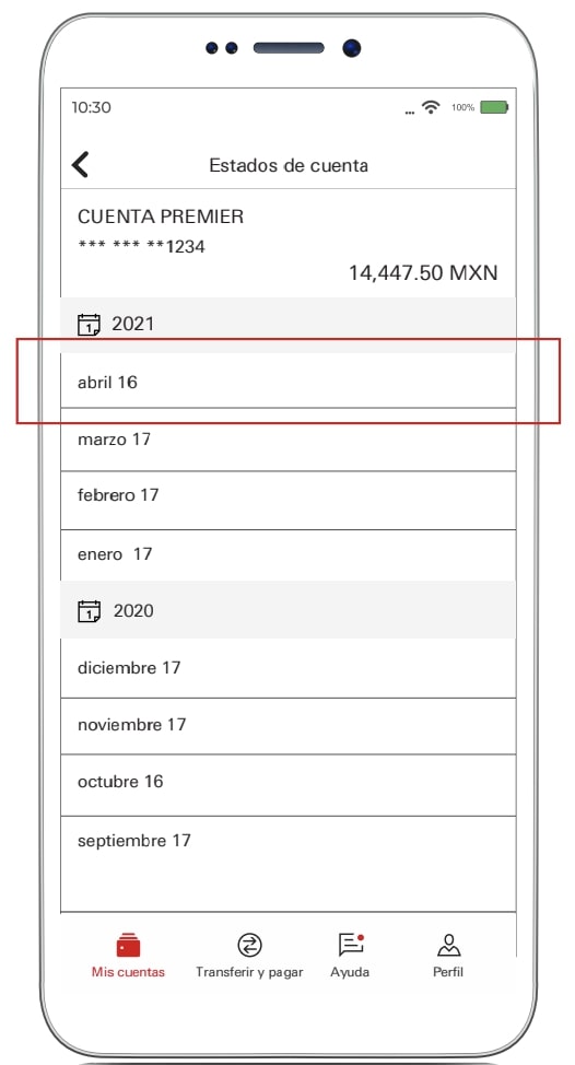 Interfaz de la app de HSBC señalando cómo descargar el estado de cuenta de un mes en específico.
