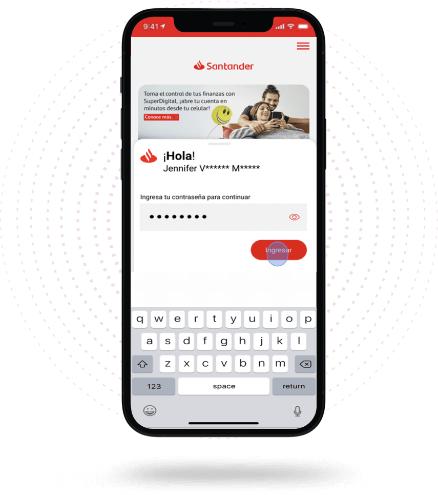 Interfaz principal de la app SuperMóvil Santander México.