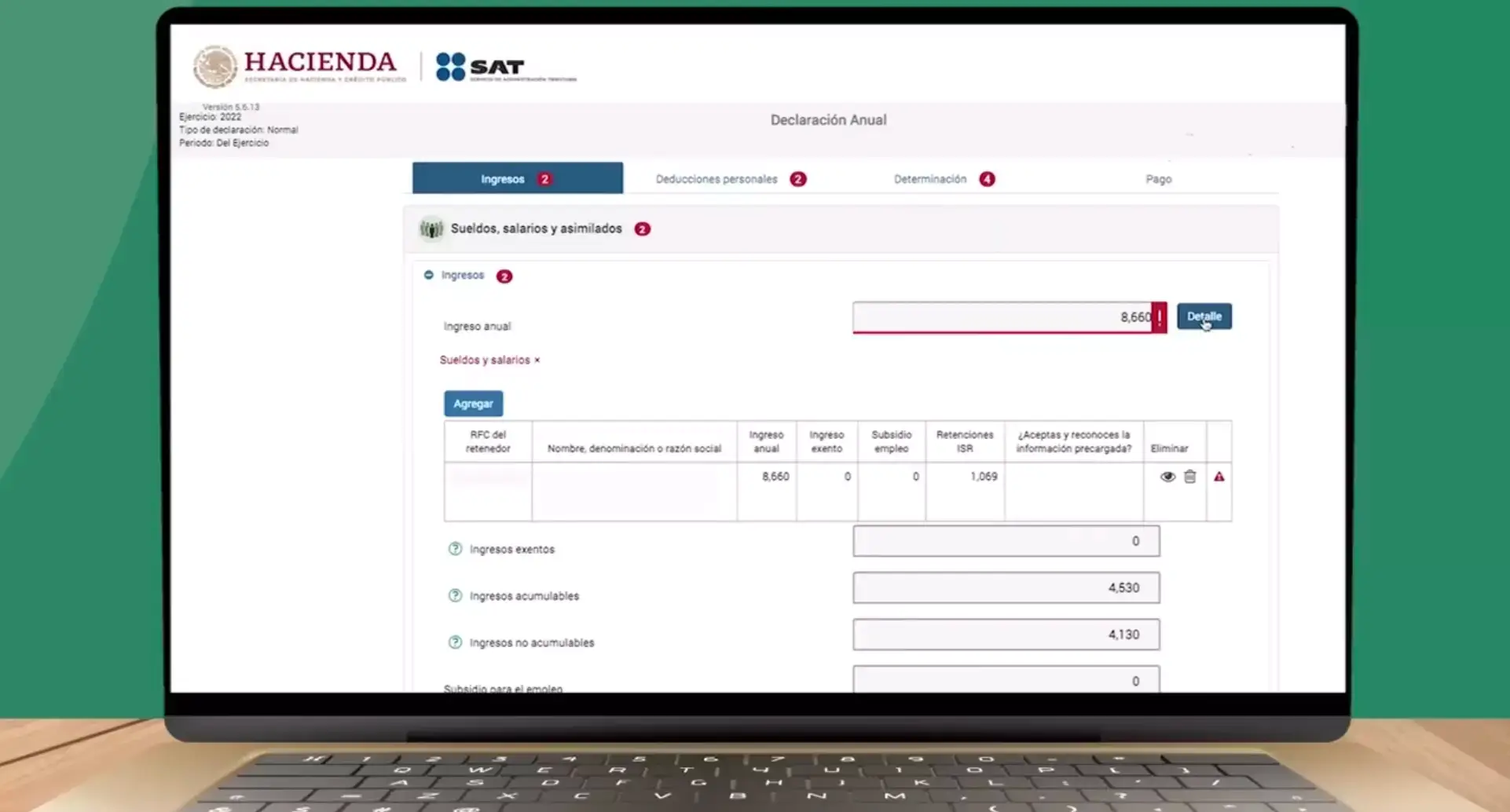 Portal SAT interfaz para llenar ingresos en declaración anual